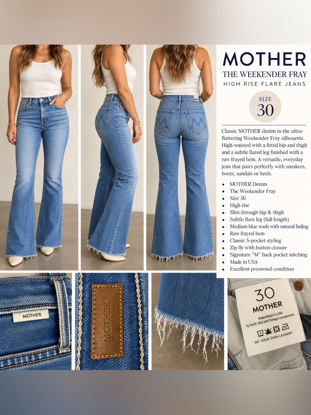 MOTHER The Weekender Fray High Rise Flare Jeans Size 30